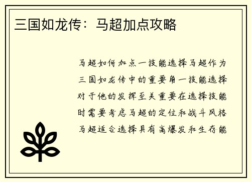 三国如龙传：马超加点攻略